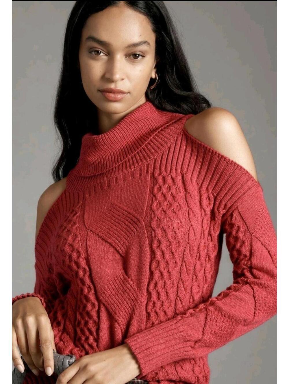Anthropologie Hot Pink Cable Knit Turtleneck Cold Shoulder Chunky Fall Sweater - Picture 3 of 4